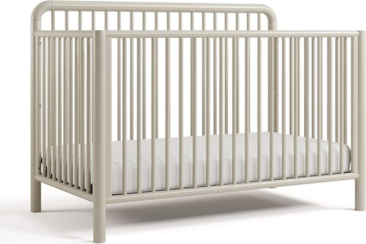 Storkcraft Porto 5-in-1 Convertible Crib with Toddler Guardrail – GREENGUARD Gold Certified, Toddler Bed Conversion Kit Included, 100% Solid Wood, Fits Standard Baby Crib Mattress (Frosted Oat)