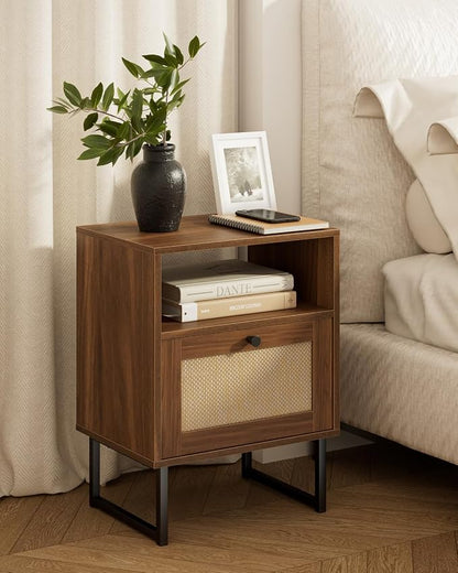 Masupu Rattan Nightstand,Modern Boho Farmhouse Wood Bedside Table with Storage Drawer and Open Shelf,Small Black Frame Side End Table for Bedroom,Living Room,Office (Walnut)
