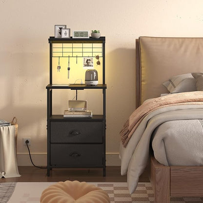 sthmec Bedside Tall Nightstands with Charging Station, LED Bedside Table for Bedroom - 2 PU Fabric Drawers, Hooks, USB/Type-C Ports & Open Bedside Shelves, Black