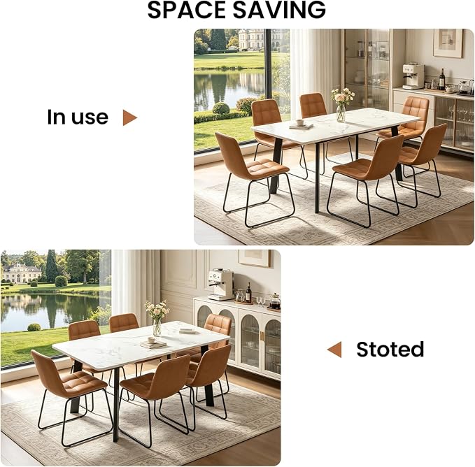 47.2"-63" Extendable Dining Room Table Set for 4-8 People, White | Removable Extension Leaf, Durable MDF Rectangle Tabletop, 6 Brown U-shaped PU Leather Chairs, Heavy Duty Modern Kitchen Table