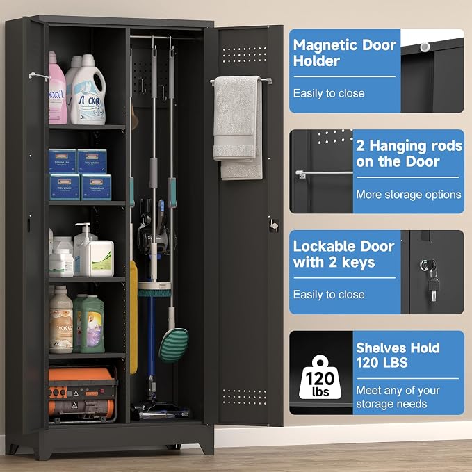 72.8" H Metal Broom Closet Storage Cabinet, Garage Storage Cabinet with Pegboard & Hanging Rod Hooks for Garage Home,Black