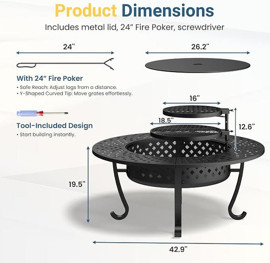 Wisteria Lane 3 in 1 43" Extra Large Fire Pit for Outside Wood Burning with 2 Adjustable Grills, Outdoor Fireplace with Lid and Fire Poker, BBQ & Bonfire & Round Metal Table for Patio, Backyard