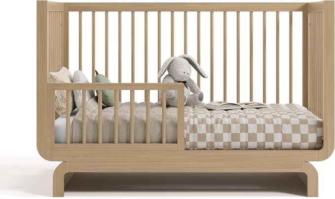 Storkcraft Santorini Convertible Crib with Toddler Guardrail & Storkcraft 6-Inch Grow-with Me Premium Waterproof Dual-Sided Baby Crib & Toddler Bed Mattress (Driftwood) – GREENGUARD Gold Certified