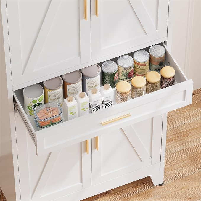 COFaR 71'' Tall Metal Pantry Cabinet with Drawer, Kitchen Storage Cabinet with 4 Doors and Shelves, Freestanding Farmhouse Food Cupboard for Kitchen Dinning Room Garage, White 6-Tier
