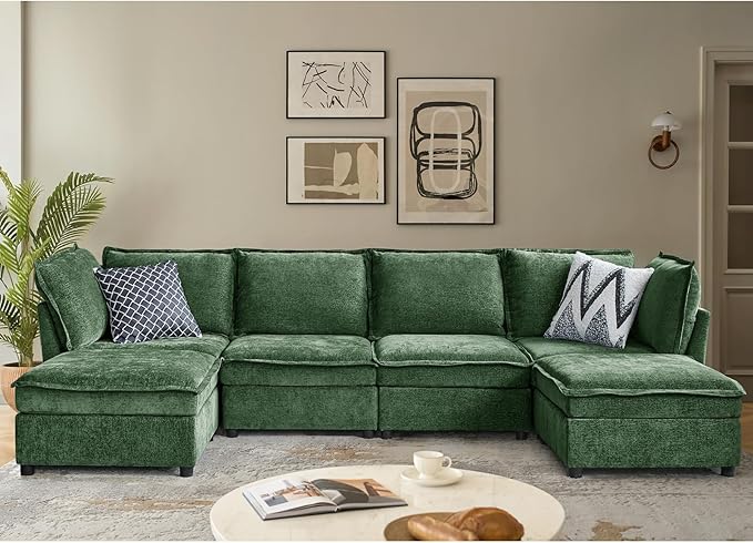 HULALA HOME 127'' Modular Sectional Sofa, Oversized U Shaped Couch with Storage Ottoman, Comfy Chenille Sofa with Deep Seat, 6 Seat Convertible Couches for Living Room, Green