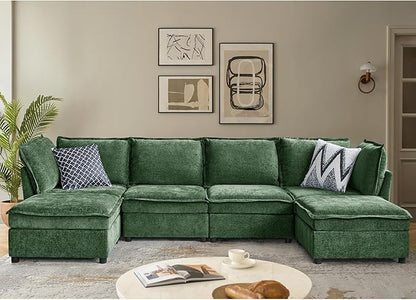 HULALA HOME 127'' Modular Sectional Sofa, Oversized U Shaped Couch with Storage Ottoman, Comfy Chenille Sofa with Deep Seat, 6 Seat Convertible Couches for Living Room, Green