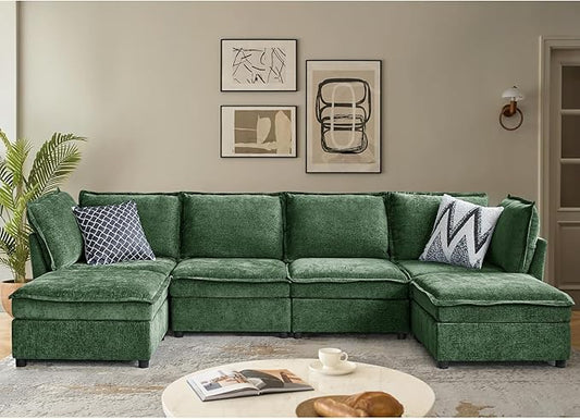 HULALA HOME 127'' Modular Sectional Sofa, Oversized U Shaped Couch with Storage Ottoman, Comfy Chenille Sofa with Deep Seat, 6 Seat Convertible Couches for Living Room, Green
