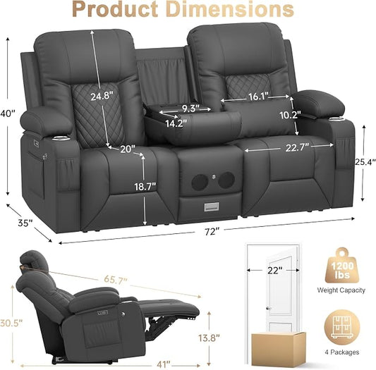Power Loveseat Recliner Sofa, Electric Reclining Loveseat Couch with Console, Home Theater Seating with Bluetooth Speaker & LED Light, Zero Wall Hugger RV Sofa Furniture with Built-in Outlet & Storage