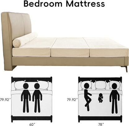 5-in-1 Convertible Sofa Bed, 78" Boneless Couch Tri Folding Mattress with Removable L-Shaped Armrests, Corduroy Futon Couch Sleeper with Pull Out Bed for Living Room Bedroom Apartment, Beige