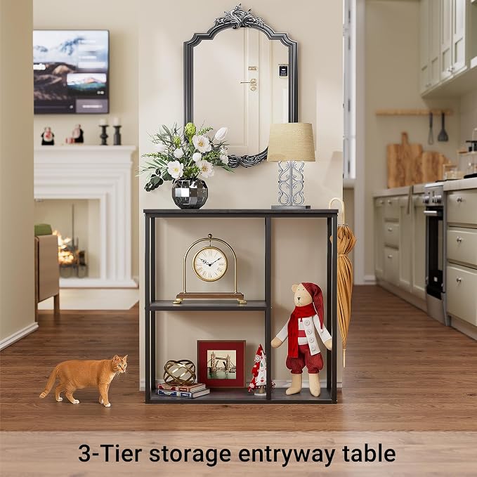 WOHOMO Console Table, 11.8 Inch Narrow Entryway Table with 3-Tier Storage Shelves 31.5 Inch Industrial Sofa Table Small Hallway Table for Living Room Grey