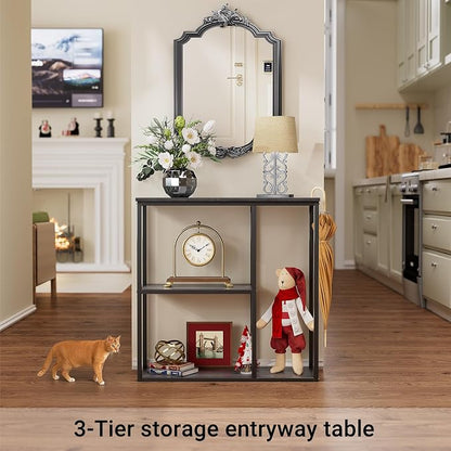 WOHOMO Console Table, 11.8 Inch Narrow Entryway Table with 3-Tier Storage Shelves 31.5 Inch Industrial Sofa Table Small Hallway Table for Living Room Grey
