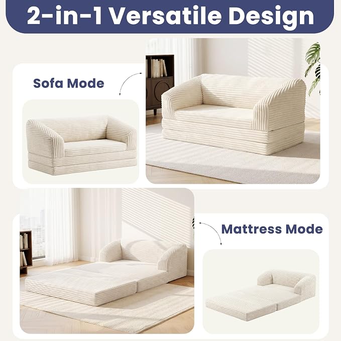 JUIKURY Convertible Sofa Bed, 3-in-1 Foldable Loveseat Couch with Armrest, Corduroy Floor Sofa & Sleeper Bed, No Assembly High-Density Foam Futon Mattress for Living Room, Small Apartment, Dorm