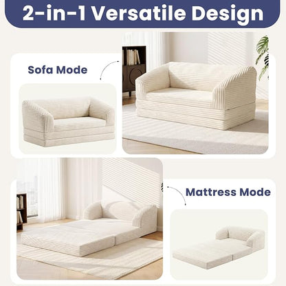 JUIKURY Convertible Sofa Bed, 3-in-1 Foldable Loveseat Couch with Armrest, Corduroy Floor Sofa & Sleeper Bed, No Assembly High-Density Foam Futon Mattress for Living Room, Small Apartment, Dorm