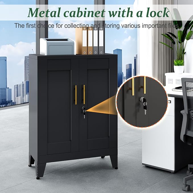 Black Metal Storage Cabinet, 36" Tall Locking Storage Cabinet, 12”D | with 2 Adjustable Shelves, Steel Locker Organizer, Metal Freestanding Buffet Cupboards Sideboard for Office, Home, School,2PS
