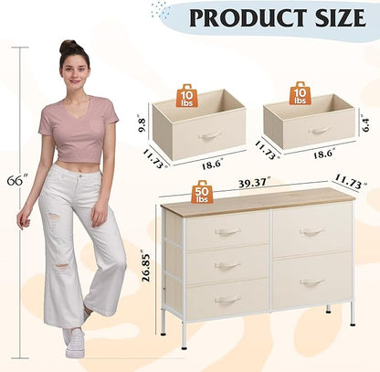 WLIVE Dresser for Bedroom with 5 Drawers, Wide Chest of Drawers for Bedroom, Fabric Dresser for Living Room, Closet, Hallway, Cream White