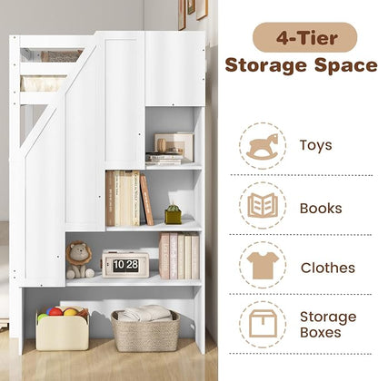 Giantex Bunk Bed Twin Over Twin with Trundle & Storage Stairs, Solid Wood Bunk Bed, Convertible to 2 Beds, Versatile Bunk Beds for Kids Teens Adults,White