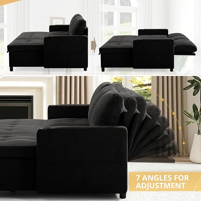 84" Fabric Pull-Out Couch Bed w/Adjustable Backrests, Black | Sectional Sleeper Sofa w/USB Ports & 2 Cup Holders, Upholstered L-Shaped Couch w/Storage Chaise for Living Room, House