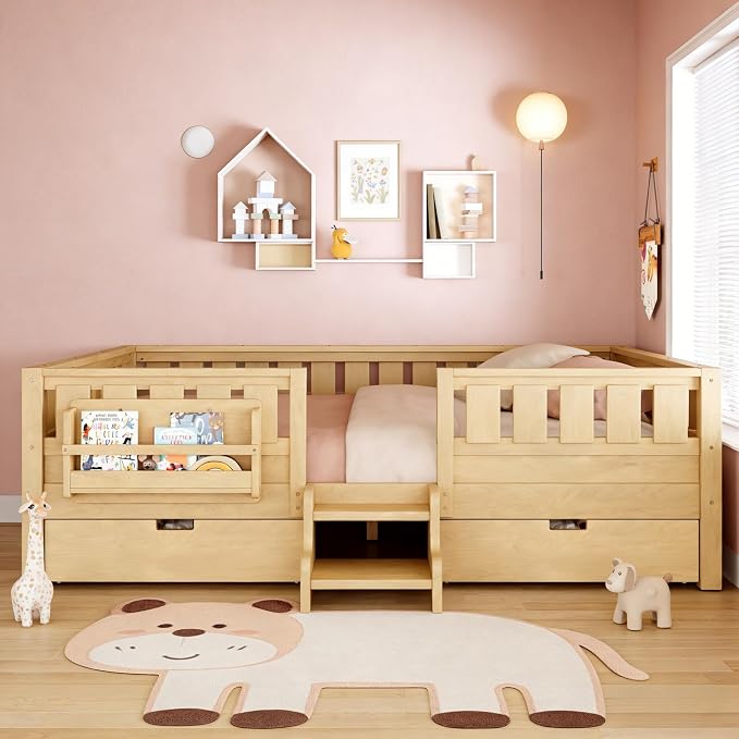 Queen Platform Bed with Drawers and Bookshelves, Kids Platform Bed Frame with Low-profile Stairs and Full-length Guardrails, Queen Bed Frame for Boys, Girls, No Box Spring Needed, Light Nature