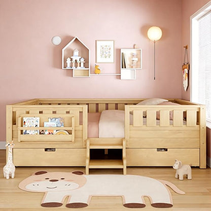 Queen Platform Bed with Drawers and Bookshelves, Kids Platform Bed Frame with Low-profile Stairs and Full-length Guardrails, Queen Bed Frame for Boys, Girls, No Box Spring Needed, Light Nature