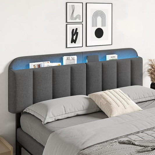 Adjustable Headboard for King/California King Size Bed Frame, Linen Fabric Bed Headboard with Storage & RGB LED Light in Modern Vertical Channel Design, Dark Grey