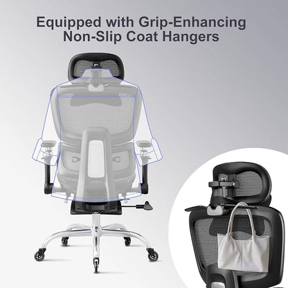Office Chair with Footrest, Ergonomic Chair with 3D Headrest, Computer Chair with Adjustable Backrest & 6D Armrest, Gaming Chair with Adaptive Lumbar Support, Adjustable Seat Depth, Black