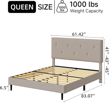 Queen Size Linen Bed Frame, Upholstered Platform Bed Frame with Adjustable Headboard, Wooden Slats Support, No Box Spring Needed, Easy Assembly, Beige