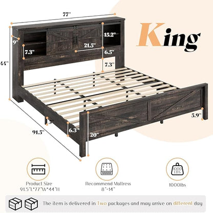 AMERLIFE 3-Piece Farmhouse Bedroom Set, King Size Bed with Sliding Barn Doors & Bookcase Headboard, 5-Drawer Tall Dresser, 4-Drawer Wide Dresser, Black Oak
