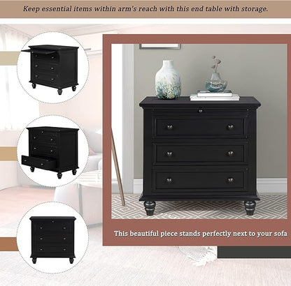Merax Nightstand with Drawers Set of 2, Wood Bedside End Table with Pull Out Tray, Black (No Guide Rails)