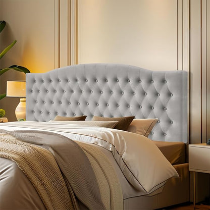 Furpopup Velvet King Size Headboard Only Upholstered Wall Mount Silver Gray | 2 ways to use:Wall-mounted (for adjustable bed) and bed frame mounted, Easy to assemble, Classic button design headboard