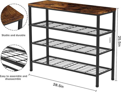 4-Tier Metal Shoe Rack with Wood Top - Durable & Space-Saving Shoe Organizer,Industrial Shoe Organizer Shelf Bench Storagefor Closet Entryway, Bedroom & Hallway - Bronze+Black 28.5 W × 25.5" H