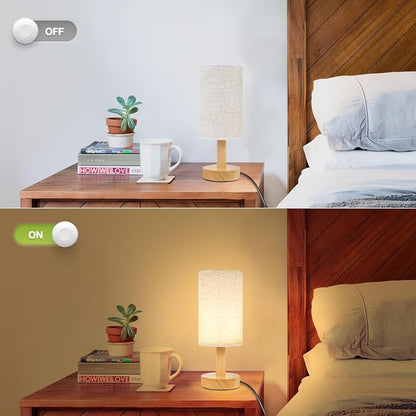 Small Bedside Table Lamp for Bedroom,Natural Round Wood Base&Fabric Linen Shade,Cozy Night Table Light for Study Reading,Minimalist Boho Desk Lamp for Nightstand,Living Room,Nursery,Kitchen,Dorm