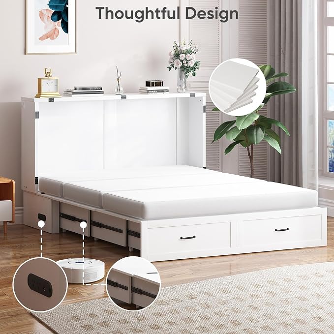 PUREMIND Murphy Bed Queen with Mattress Included, Arched Frame Cabinet Beds Chest with Charging Station & Storage Drawers, Convertible Hideaway Cabinet Bed for Guest Room, White