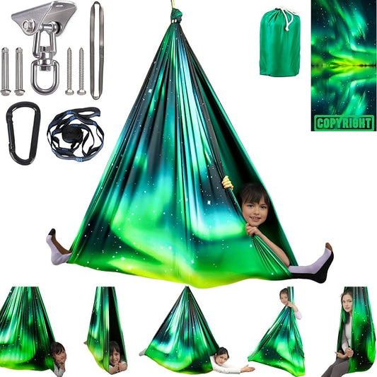 Sensory Swing for Kids Indoor & Outdoor Double Layer Therapy Cuddle Swing with 360° Swivel Hanger Kit Adjustable Swings for Child and Adult with Aspergers Autism (Aurora Green)