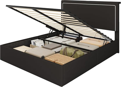 SHA CERLIN Queen Size Hydraulic Lift-Up Storage Platform Bed Frame with Charging Station, RGB LED Lights, Adjustable Velvet Headboard, USB-A and USB-C Ports, No Box Spring Needed, Black