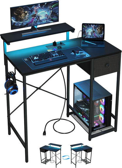 X-cosrack 33.5" Small Gaming Desk with LED Lights & Power Outlets, Compact Computer Desk with Monitor Stand & CPU Stand, Gamer Table with Storage Drawer, Side Hooks for Home Office, Bedroom, Black