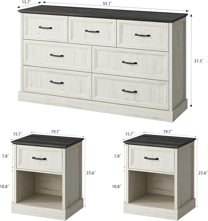 CARPETNAL Farmhouse Dresser and Nightstand Sets for Bedroom, 3 Pcs Bedroom Set, 7 Drawer Dresser & Nightstand Set of 2, Modern Wood Chest of Drawers for Bedroom, Living Room, Entryway, White