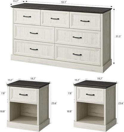 CARPETNAL Farmhouse Dresser and Nightstand Sets for Bedroom, 3 Pcs Bedroom Set, 7 Drawer Dresser & Nightstand Set of 2, Modern Wood Chest of Drawers for Bedroom, Living Room, Entryway, White