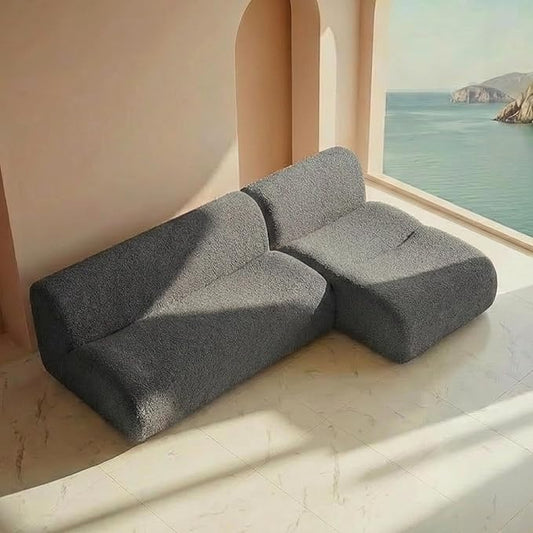 Vothio Curved Sectional Modular Couch with Chaise, Modern 92.13'' Boneless Sofa with Deep Seat, Sherpa Boucle Cloud Couch for Living Room, Cozy Teddy L-Shaped Couches，No Assembly, Gray