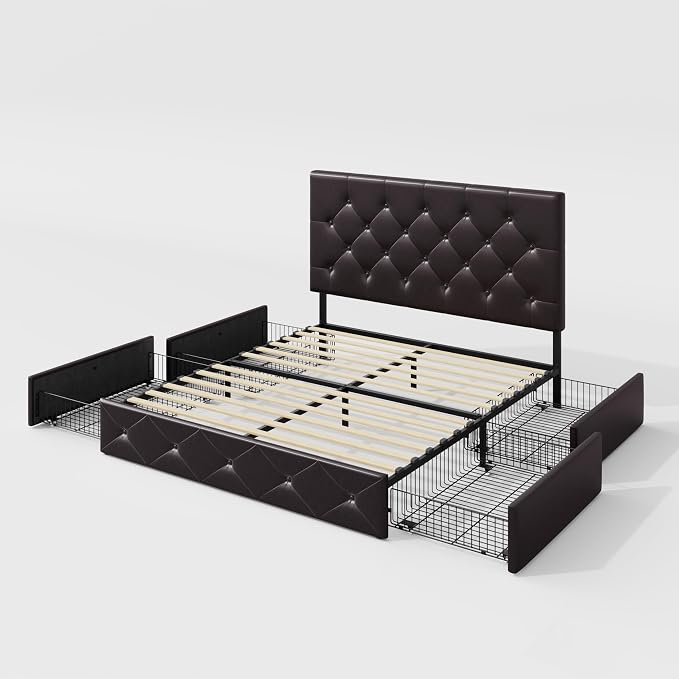 Allewie Upholstered Queen Size Platform Bed Frame with 4 Storage Drawers and Headboard, Diamond Stitched Button Tufted, Mattress Foundation with Wooden Slats Support, No Box Spring Needed, Black Brown