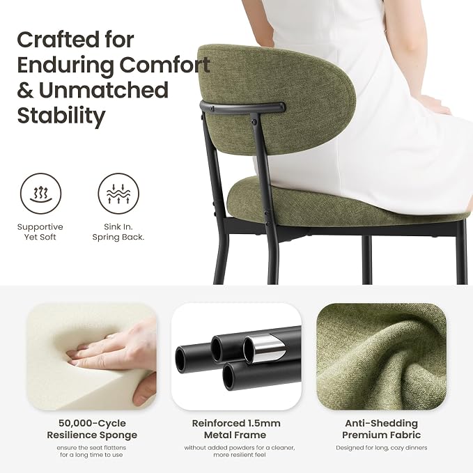 Upholstered Dining Chairs Set of 6, Modern Fabric Kitchen Chairs with Curved Backrest and Cushioned Seat, Sturdy Metal Legs, Modern Dining Chairs for Kitchen Dining Room, Living Room,Green