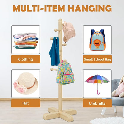 Coat Rack, Freestanding Coat Racks with 8 Hooks 2 Adjustable Height, Tree Coat Rack for Bedroom, Hallway, Entrance, Office, Hats, Handbags,Purse (Nature)