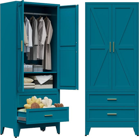 COFaR 71 Farmhouse Metal Wardrobe Closet with Hanging Rod, 2 Barn Doors, Adjustable Shelves, Steel Armoire with Drawer for Home, Bedroom Green