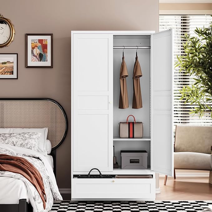 Letaya Metal Wardrobe Cabinets,18" Deep Clothing Storage Cabinet with Doors and Shelves,for Home Room,Fire Department, School, Employee,Gym,Government (White)