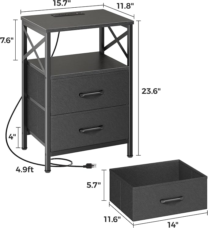 Huuger Night Stand with Charger Station, 2 Drawer Nightstand with Open Shelf, Bed Side Table with USB-C Port, End Table, Compact Size for Small Spaces, X Shaped Side Rail, Black