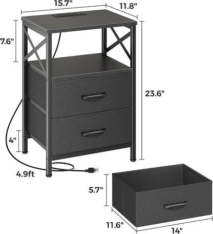 Huuger Night Stand with Charger Station, 2 Drawer Nightstand with Open Shelf, Bed Side Table with USB-C Port, End Table, Compact Size for Small Spaces, X Shaped Side Rail, Black