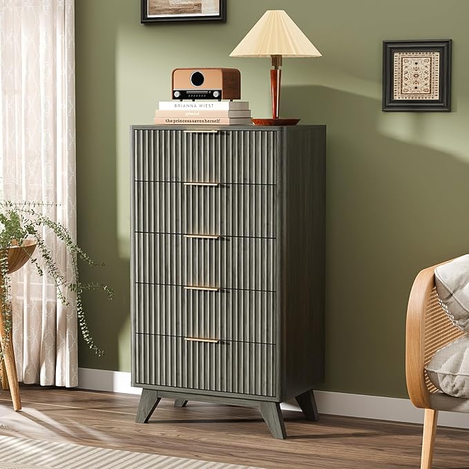 VINGLI Fluted Tall Dresser 5 Drawer, 23.66" W Chest of Drawers Gray Wood Dresser with Rounded Edges, Grey Dressers for Bedroom, 23.66" W*15.6" D*44.88" H