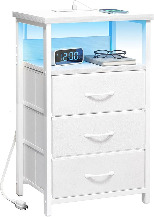 Fixwal White Nightstand with Charging Station, LED Night Stand with 3 Fabric Drawers and Open Shelf, Bedside End Table in Bedroom