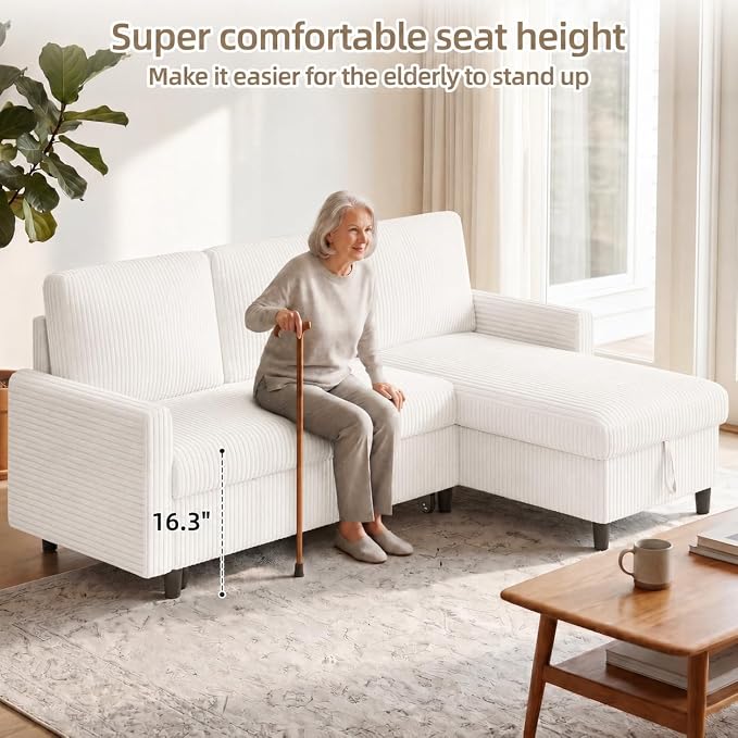 JAMFLY Pull Out Sleeper Sectional Sofa, L Shaped Corduroy Couch with Hidden Storage, Convertible Sofa Bed for Small Living Rooms and Apartments, White