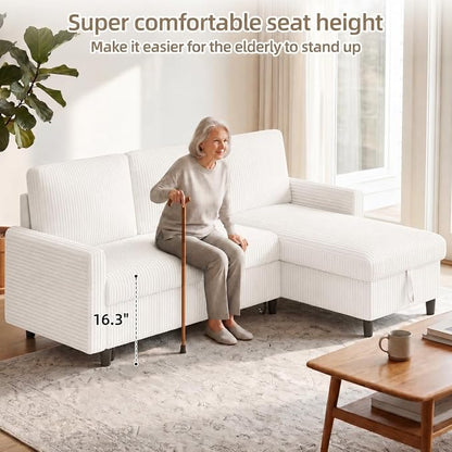 JAMFLY Pull Out Sleeper Sectional Sofa, L Shaped Corduroy Couch with Hidden Storage, Convertible Sofa Bed for Small Living Rooms and Apartments, White