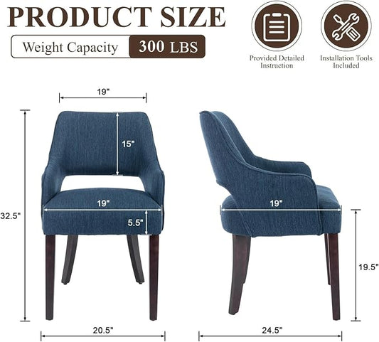 Linen Upholstered Dining Chairs Set of 2 with Arms | Blue linen fabric, breathable upholstery, curved backrest, cushioned seat, solid wood legs, farmhouse style for dining room